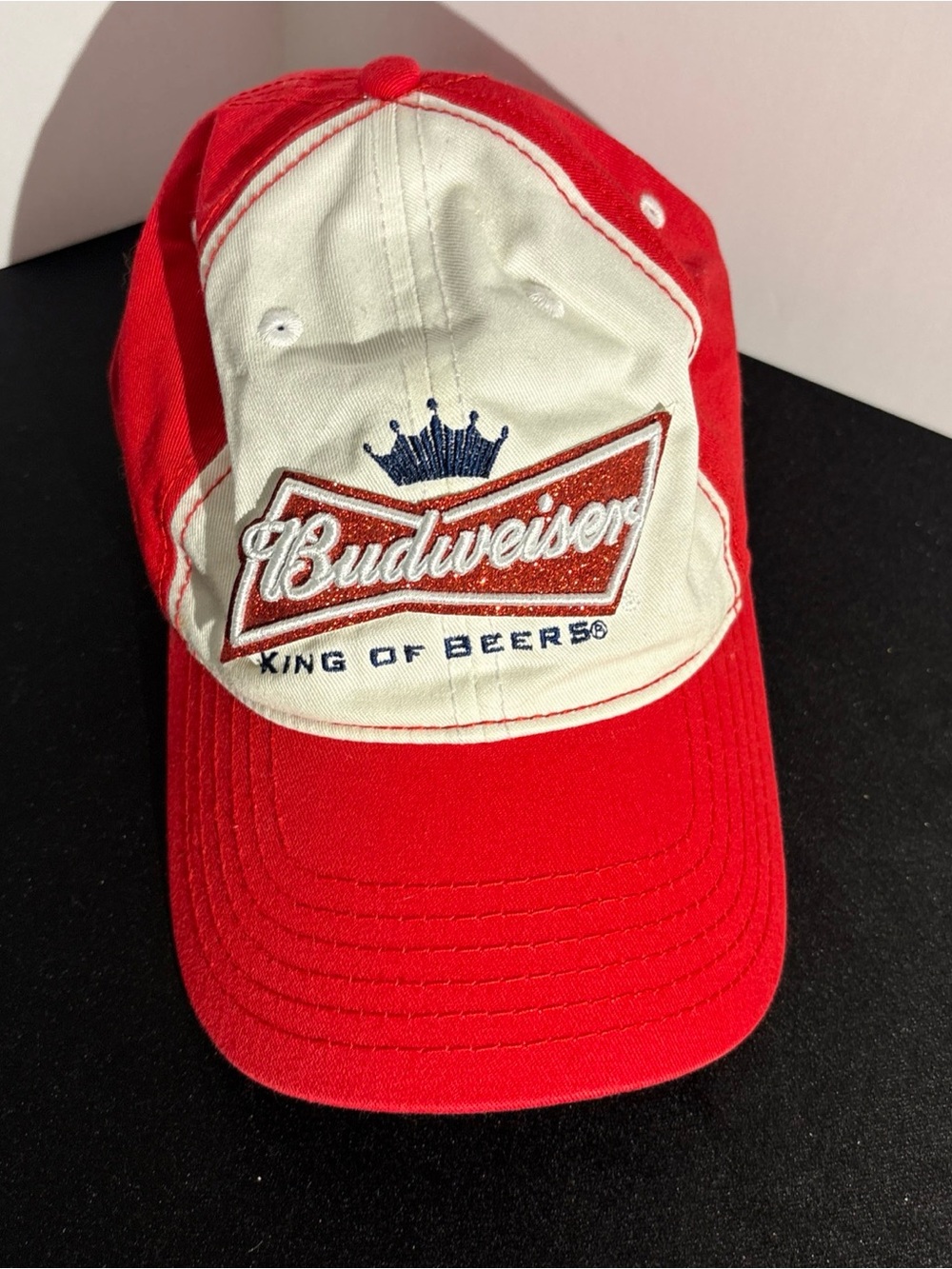 Budweiser advertising cap, red and white crown
